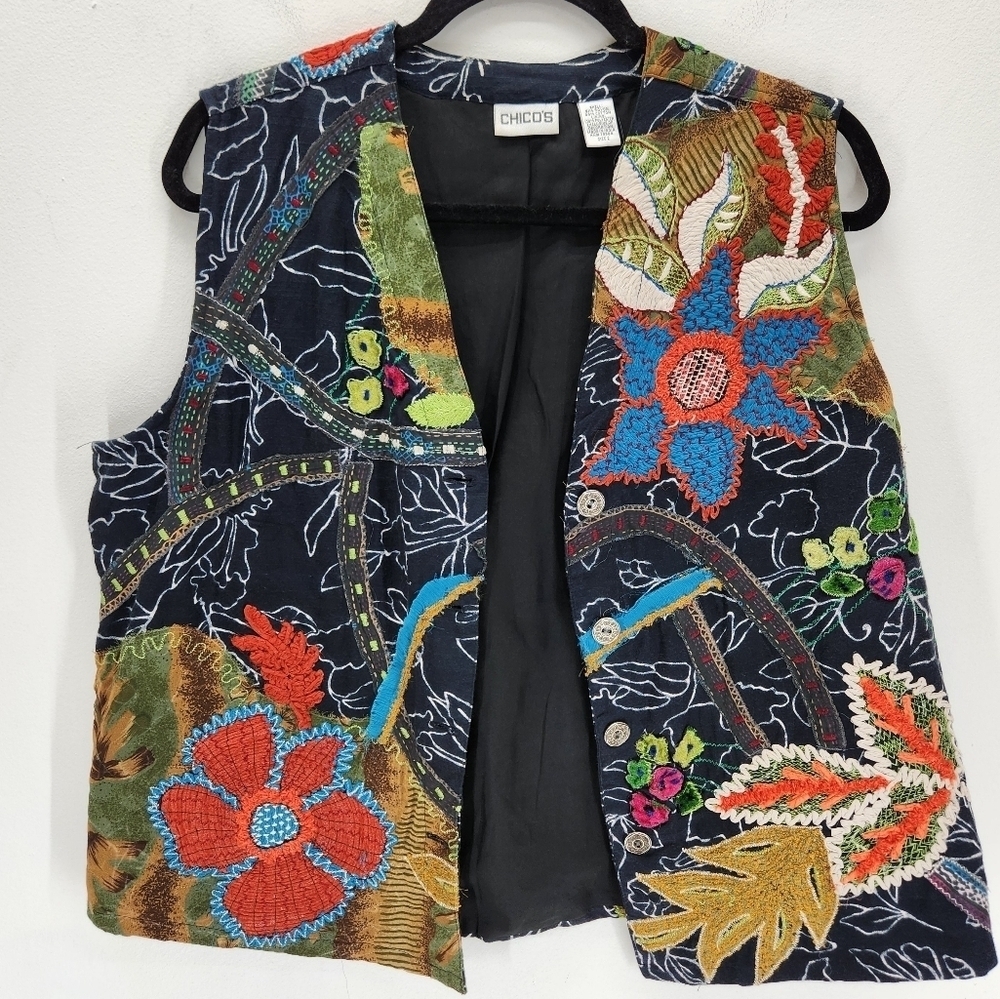 Chico's Vintage Embroidered Floral Vest Womens Large Black 90s Boho - Picture 3 of 7